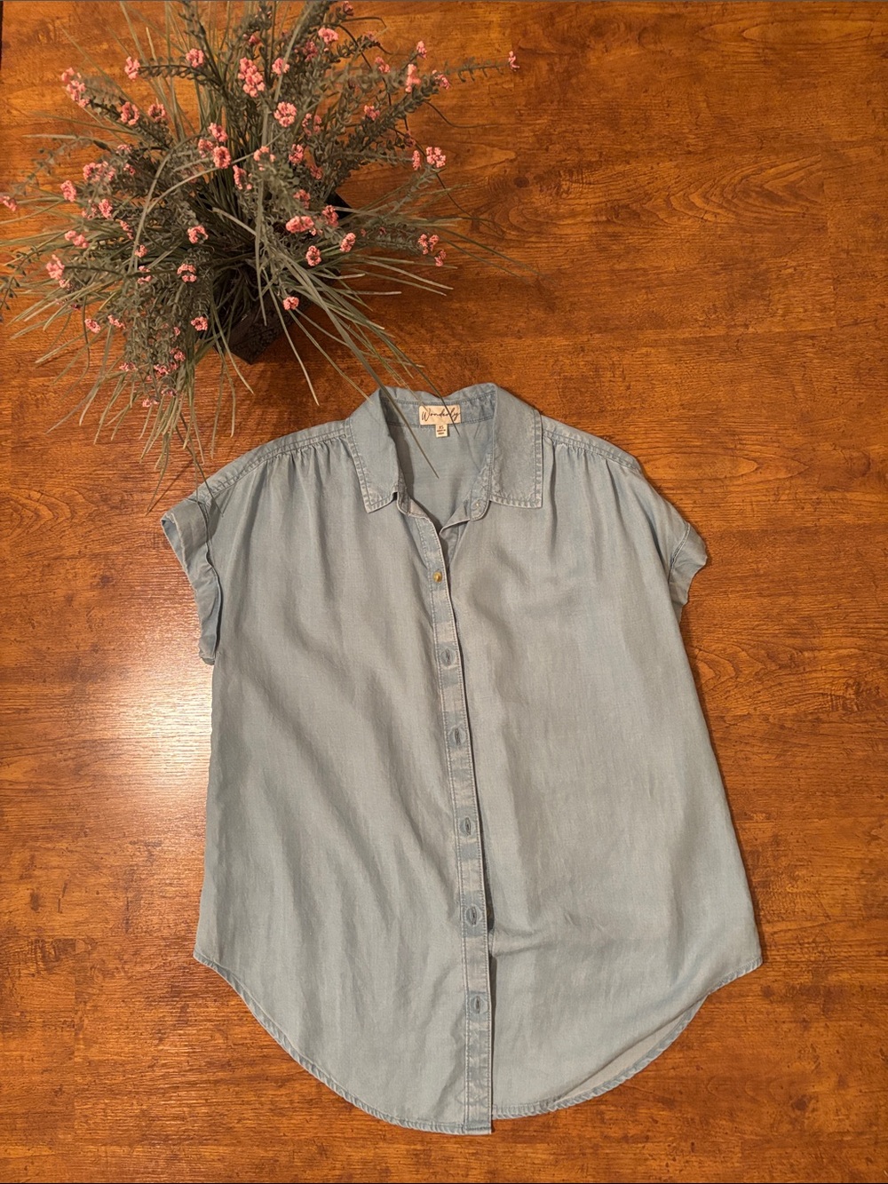 Light Blue Chambray Button-Down Cap Sleeve Top